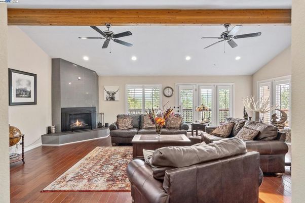 Fireplace, Interior, Living room, Recessed Lighting, Wooden Beams, Wood Texture Flooring