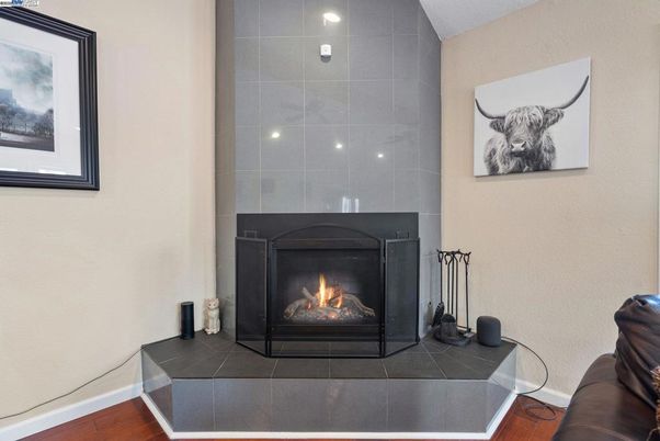 Fireplace, Interior, Recessed Lighting, Wood Texture Flooring