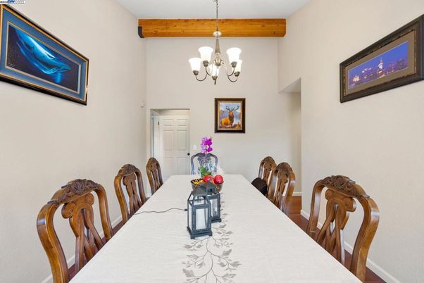 Chandelier, Dining room, Interior, Wooden Beams