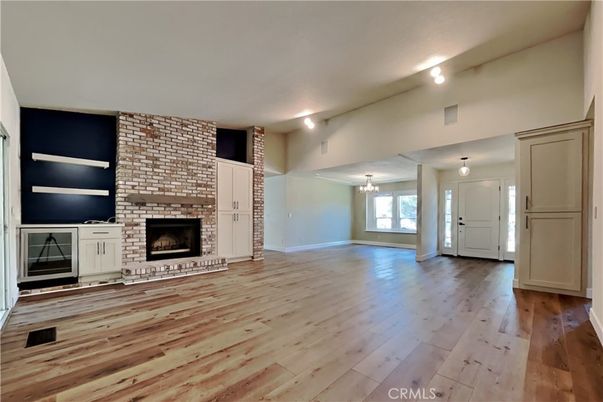 Empty room, Fireplace, Interior, Stone Walls, Wood Texture Flooring