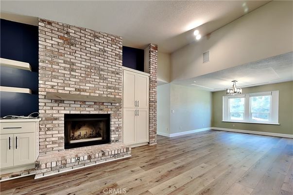 Empty room, Fireplace, Interior, Stone Walls, Wood Texture Flooring