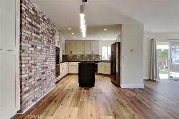 Interior, Kitchen, Pendant Lights, Recessed Lighting, Stone Walls, Wood Texture Flooring