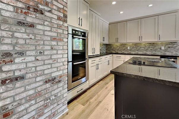Interior, Kitchen, Recessed Lighting, Stone Walls, Wood Texture Flooring