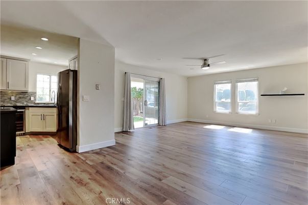 Empty room, Interior, Kitchen, Recessed Lighting, Wood Texture Flooring