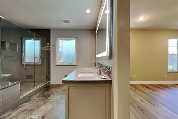 Bathroom, Glass Shower, Interior, Recessed Lighting, Wood Texture Flooring