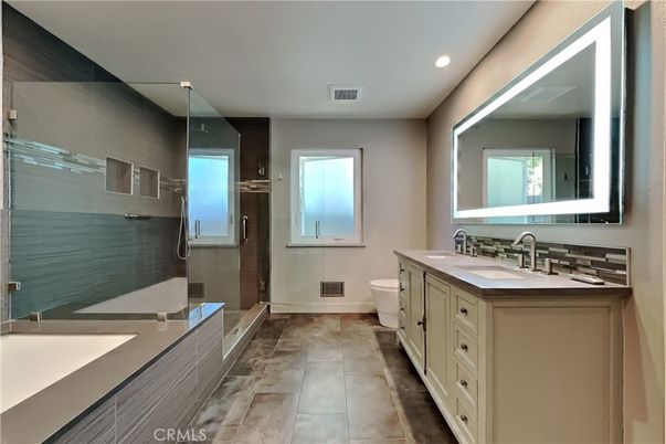 Bathroom, Dual Sink Vanities, Glass Shower, Interior, Recessed Lighting