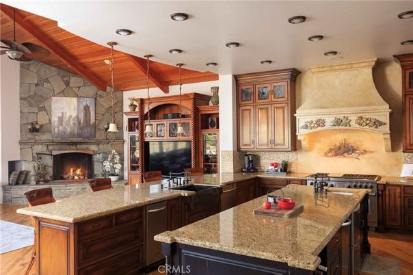 Fireplace, Interior, Kitchen, Pendant Lights, Recessed Lighting, Stone Walls, Wood Texture Flooring