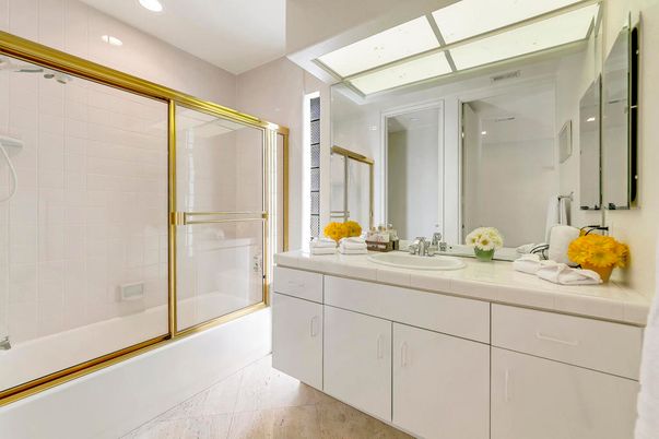 Bathroom, Dual Sink Vanities, Glass Shower, Interior, Recessed Lighting, Tile Countertops