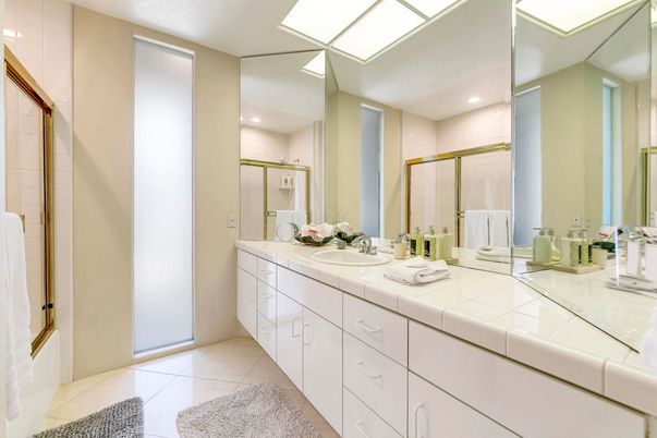 Bathroom, Dual Sink Vanities, Glass Shower, Interior, Recessed Lighting, Tile Countertops