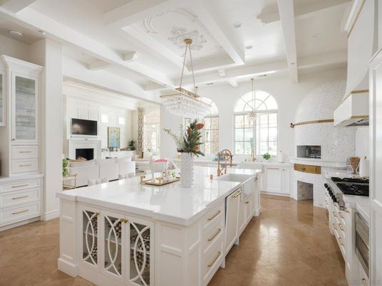 Chandelier, Fireplace, Interior, Kitchen, Living room, Pendant Lights, Recessed Lighting, Stainless Steel Appliances