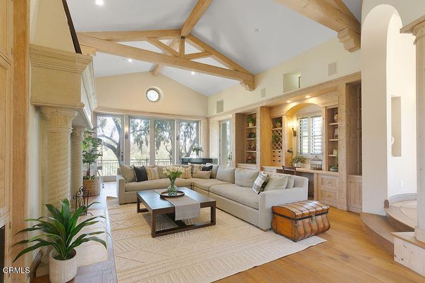 Fireplace, Interior, Living room, Piano, Recessed Lighting, Wooden Beams, Wood Texture Flooring