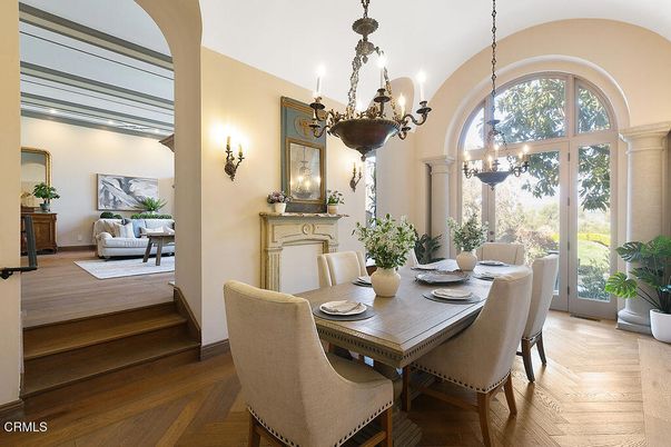 Chandelier, Dining room, Interior, Pendant Lights, Wood Texture Flooring