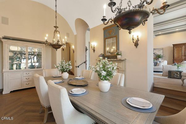 Chandelier, Dining room, Interior, Pendant Lights, Wood Texture Flooring