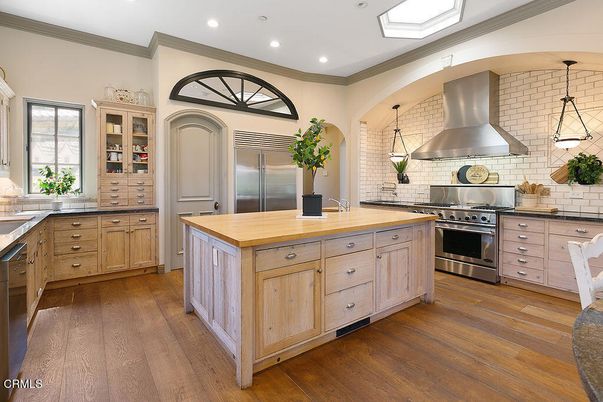 Interior, Kitchen, Pendant Lights, Recessed Lighting, Stainless Steel Appliances, Stone Walls, Wood Texture Flooring