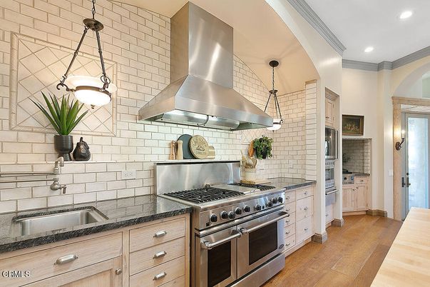 Interior, Kitchen, Pendant Lights, Recessed Lighting, Stainless Steel Appliances, Stone Walls, Wood Texture Flooring