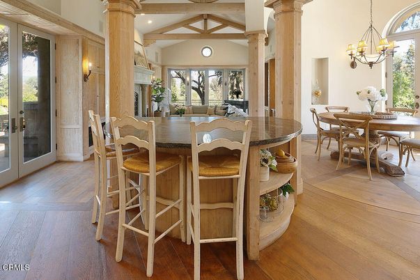 Chandelier, Dining room, Interior, Recessed Lighting, Wooden Beams, Wood Texture Flooring