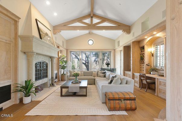 Fireplace, Interior, Living room, Recessed Lighting, Wooden Beams, Wood Texture Flooring