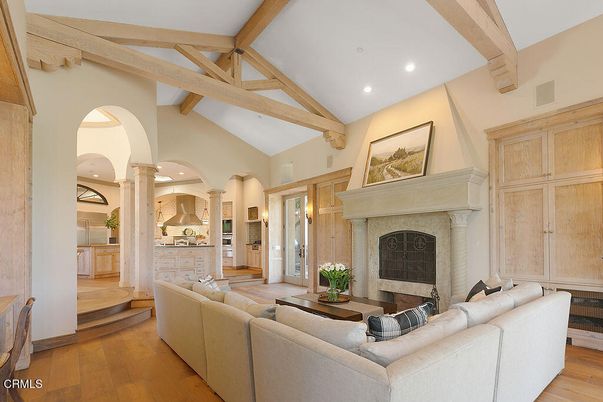 Fireplace, Interior, Living room, Recessed Lighting, Wooden Beams, Wood Texture Flooring
