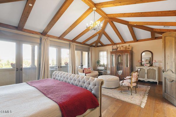 Bedroom, Chandelier, Interior, Wooden Beams, Wood Texture Flooring