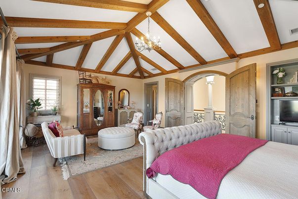Bedroom, Chandelier, Interior, Wooden Beams, Wood Texture Flooring