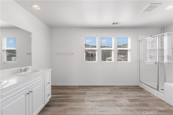 Bathroom, Glass Shower, Interior, Recessed Lighting, Wood Texture Flooring