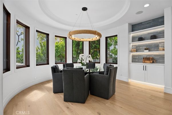 Dining room, Interior, Pendant Lights, Recessed Lighting, Wood Texture Flooring