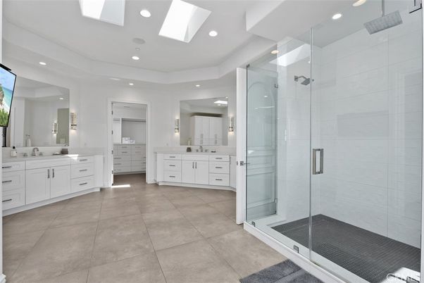 Bathroom, Dual Sink Vanities, Glass Shower, Interior, Recessed Lighting