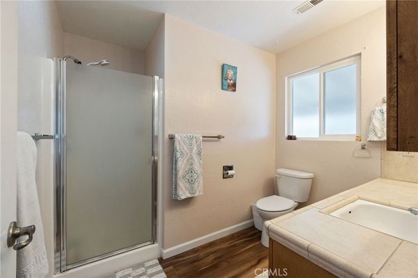 Bathroom, Glass Shower, Interior, Tile Countertops, Wood Texture Flooring