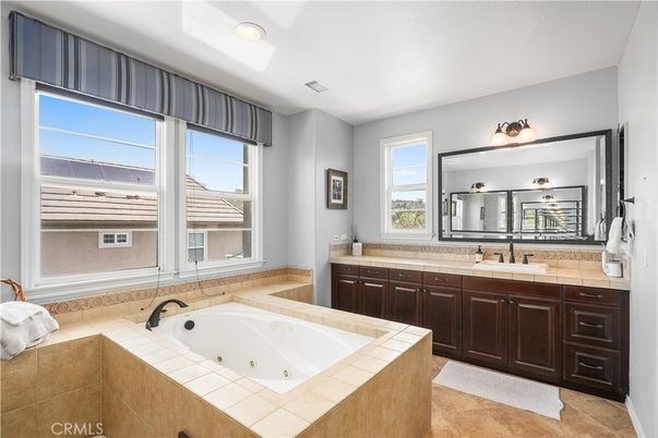 Bathroom, Dual Sink Vanities, Interior, Recessed Lighting, Tile Countertops