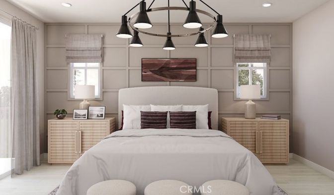Bedroom, Interior, Pendant Lights, Recessed Lighting, Wood Texture Flooring