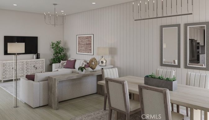 Dining room, Interior, Living room, Pendant Lights, Recessed Lighting, Wood Texture Flooring