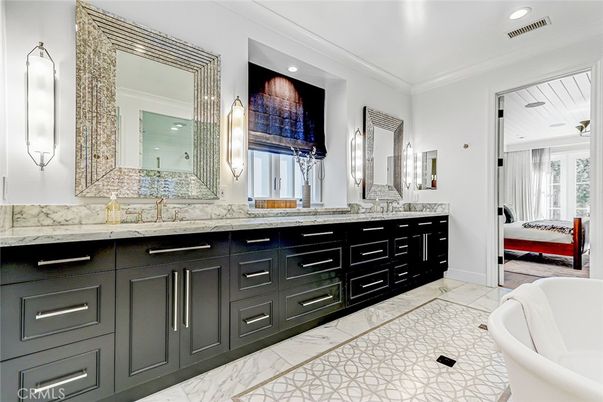 Bathroom, Dual Sink Vanities, Free Standing Baths, Interior, Marble, Recessed Lighting