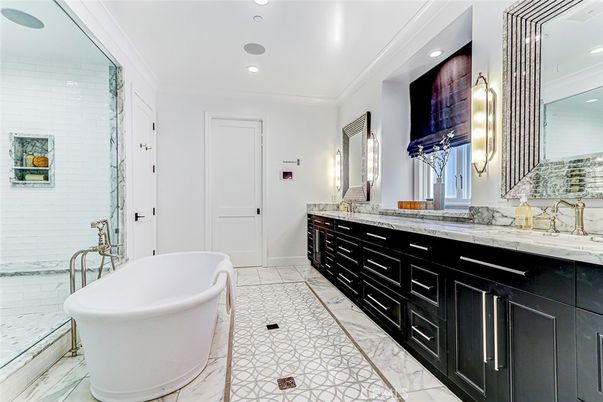 Bathroom, Dual Sink Vanities, Free Standing Baths, Interior, Marble, Recessed Lighting