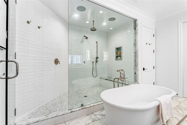 Bathroom, Free Standing Baths, Glass Shower, Interior, Marble, Recessed Lighting