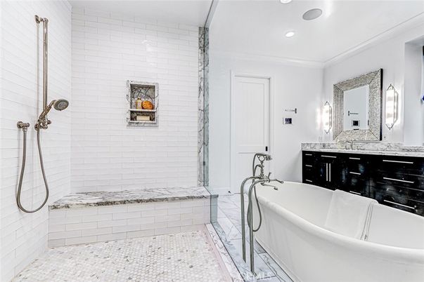 Bathroom, Free Standing Baths, Glass Shower, Interior, Recessed Lighting