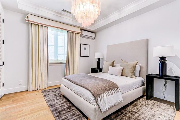 Bedroom, Chandelier, Interior, Wood Texture Flooring