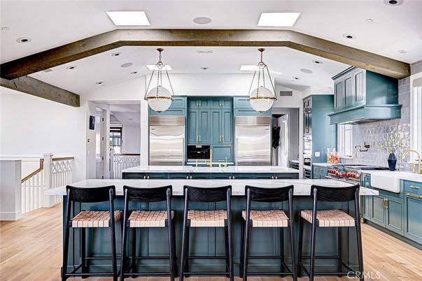 Interior, Kitchen, Pendant Lights, Recessed Lighting, Stainless Steel Appliances, Wooden Beams, Wood Texture Flooring