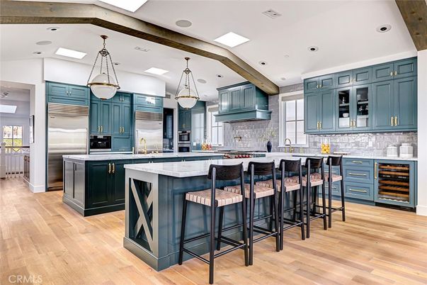 Interior, Kitchen, Pendant Lights, Recessed Lighting, Stainless Steel Appliances, Wooden Beams, Wood Texture Flooring
