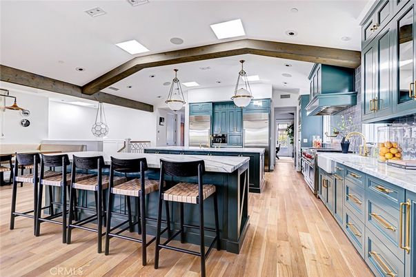 Interior, Kitchen, Pendant Lights, Recessed Lighting, Stainless Steel Appliances, Wooden Beams, Wood Texture Flooring