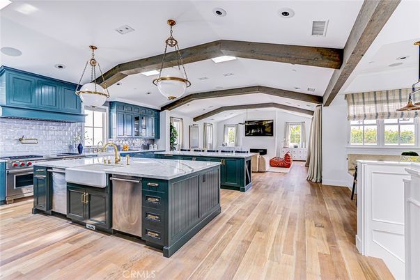 Interior, Kitchen, Pendant Lights, Recessed Lighting, Stainless Steel Appliances, Wooden Beams, Wood Texture Flooring
