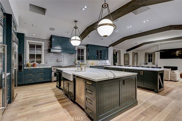 Interior, Kitchen, Pendant Lights, Recessed Lighting, Stainless Steel Appliances, Wooden Beams, Wood Texture Flooring