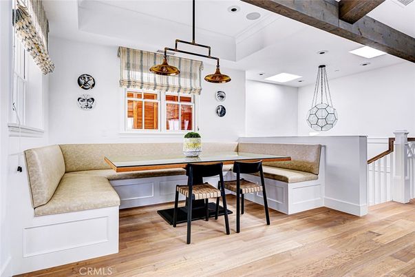 Dining room, Interior, Pendant Lights, Recessed Lighting, Wooden Beams, Wood Texture Flooring