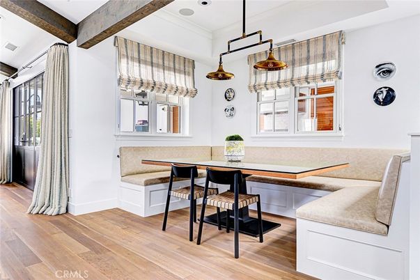 Dining room, Interior, Pendant Lights, Wooden Beams, Wood Texture Flooring