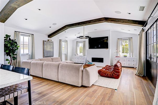 Dining room, Fireplace, Interior, Living room, Recessed Lighting, Wooden Beams, Wood Texture Flooring