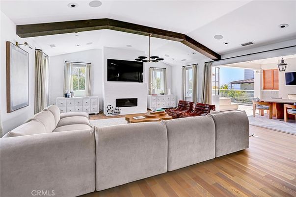 Fireplace, Interior, Living room, Pendant Lights, Recessed Lighting, Wooden Beams, Wood Texture Flooring