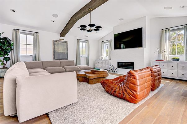 Fireplace, Interior, Living room, Pendant Lights, Recessed Lighting, Wooden Beams, Wood Texture Flooring