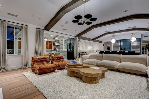 Interior, Kitchen, Living room, Pendant Lights, Recessed Lighting, Stainless Steel Appliances, Wooden Beams, Wood Texture Flooring
