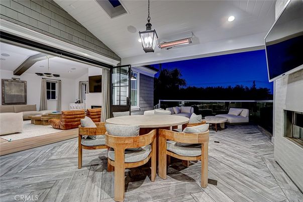 Dining room, Fireplace, Interior, Living room, Pendant Lights, Recessed Lighting, Wood Texture Flooring