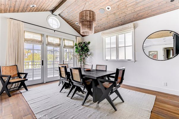 Chandelier, Dining room, Interior, Recessed Lighting, Wooden Beams, Wooden Ceilings, Wood Texture Flooring