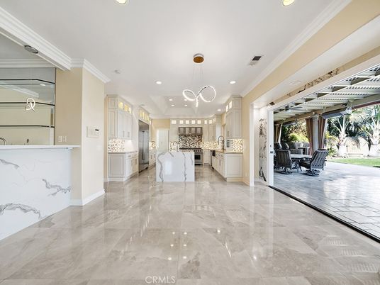 Dining room, Interior, Kitchen, Marble Walls, Pendant Lights, Recessed Lighting